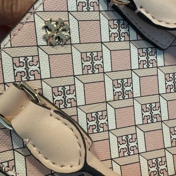 Pink Patterned Mini Tote Crossbody Bag - Designer Logo Accent - Picture 6 of 8